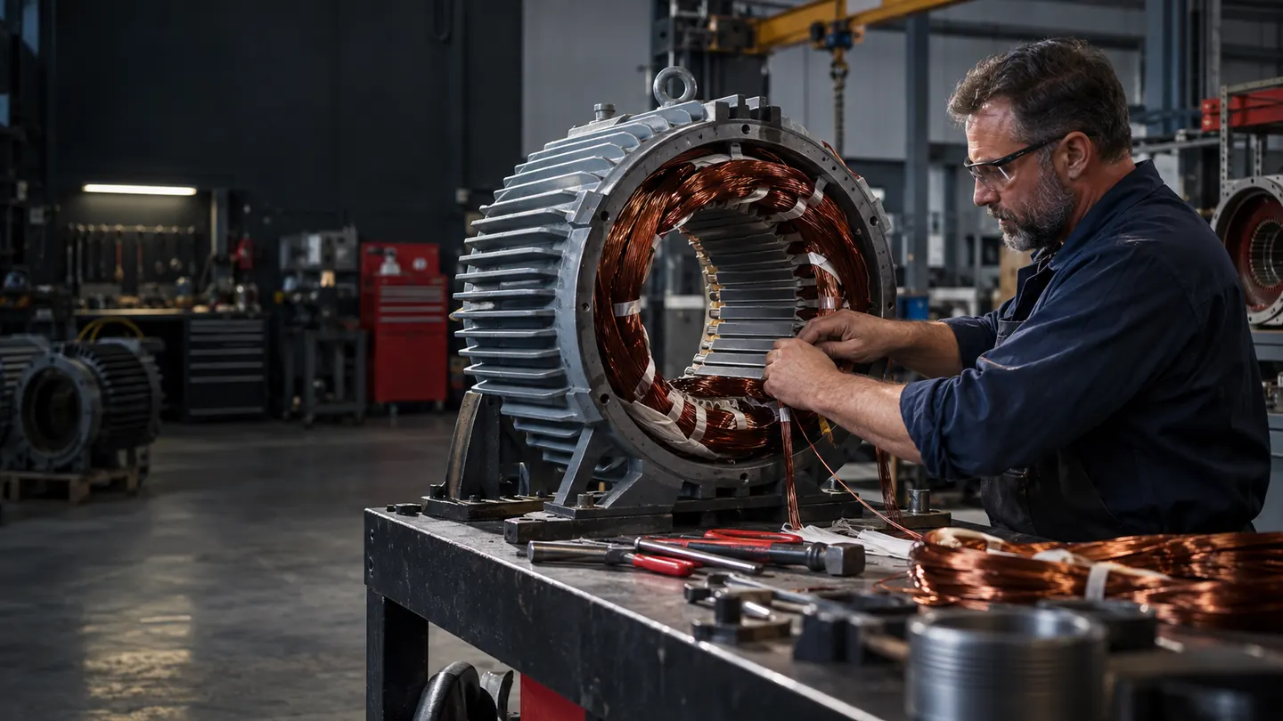 Technician rewinding a large industrial electric motor